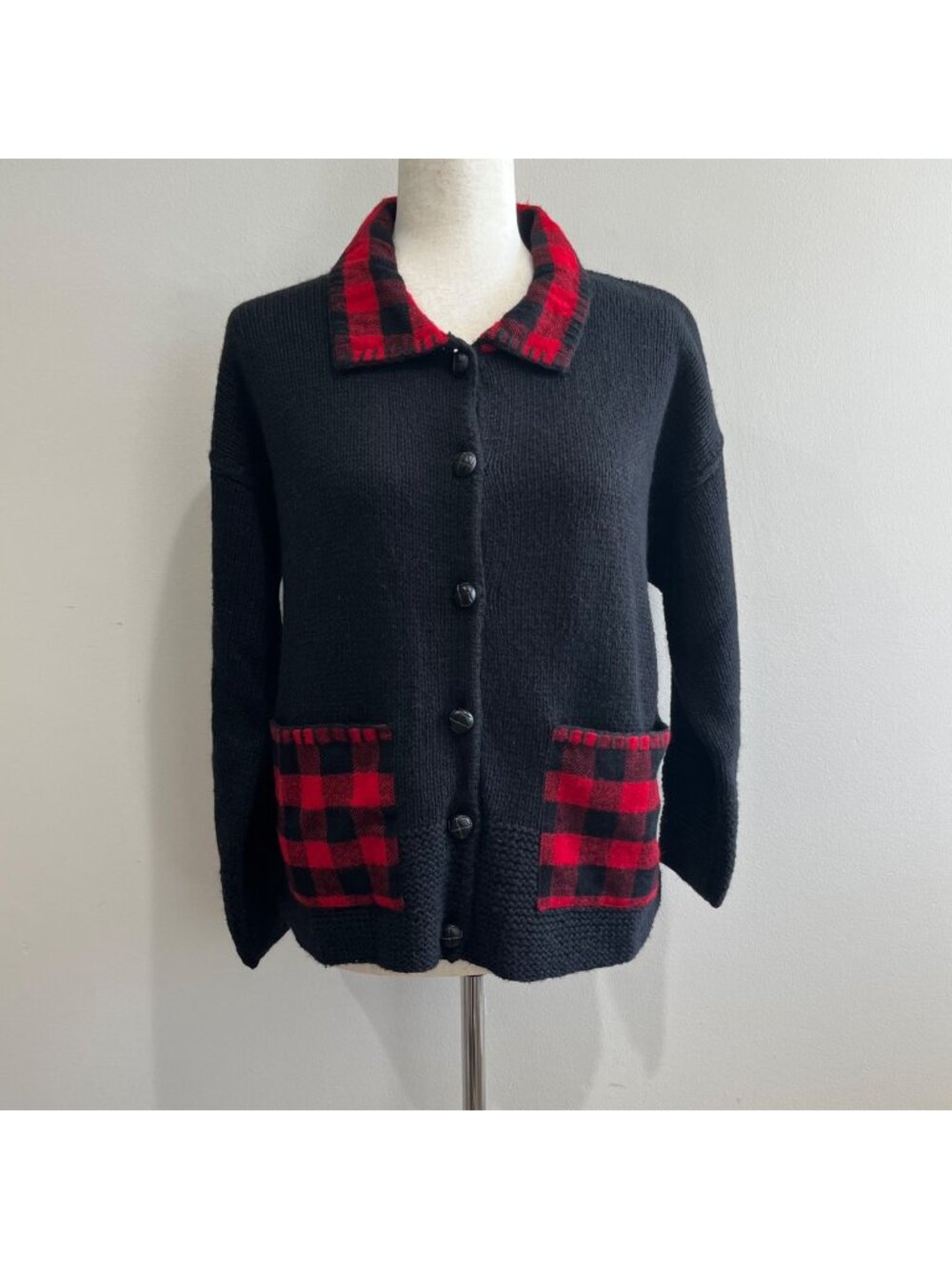 Mandal Bay Vintage Cardigan Sweater Womens S Black with Buffalo Plaid Flannel